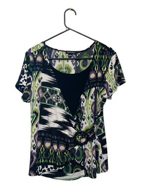 Y2K Notations Purple, Green & White Faux Wrap Short Sleeve Top with Ring Large